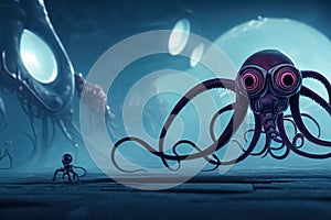 Futuristic aliens with tentacles. 3D illustration of science fiction space invaders galaxy monsters