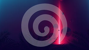 Futuristic allusion red neon ray, light reflex on spheres, vector background with empty space with tropical plants photo