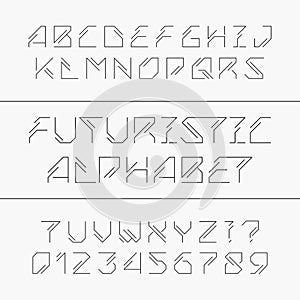 Futuristic alphabet typeface. Outline type letters and numbers.