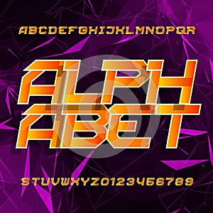 Futuristic alphabet vector font. Oblique type letters and numbers on a polygonal background.