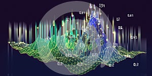Futuristic analytical background with wireframe algorithm analyze data and blurred lines. Quantum cryptography concept. Analytics