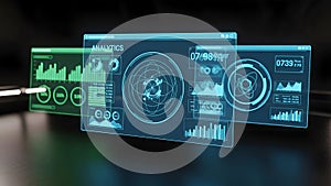 Futuristic analytics dashboard glowing screens with data visualization