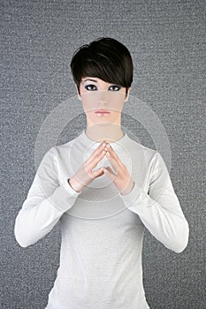 Futuristic androgynous brunette woman silver photo