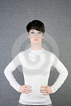 Futuristic androgynous brunette woman silver photo