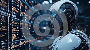 AI Robot Analyzing Data on Futuristic Screen
