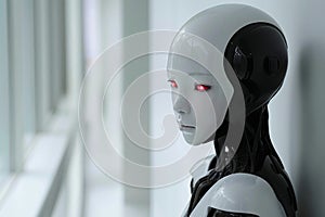 Futuristic android with glowing red eyes