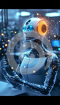 Futuristic Android Operating in High-Tech Laboratory, Artificial Intelligence and Robotics Concept