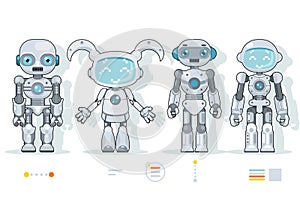 Futuristic android robot characters artificial intelligence information interface flat design icons set vector