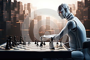 Futuristic android robot playing chess. Generative AI