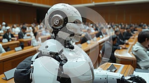 Futuristic Android Robot Speaking at a Business Conference