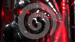 Futuristic android robots with glowing red eyes in a technological corridor