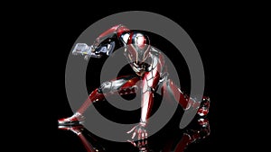 Futuristic android soldier in bulletproof armor, military cyborg armed with sci-fi rifle gun crouching on black background, 3D