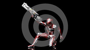 Futuristic android soldier in bulletproof armor, military cyborg armed with sci-fi rifle gun crouching and shooting on black