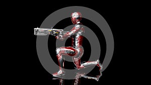 Futuristic android soldier in bulletproof armor, military cyborg armed with sci-fi rifle gun kneeling and shooting on black