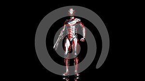 Futuristic android soldier in bulletproof armor, military cyborg armed with sci-fi rifle gun standing on black background, 3D