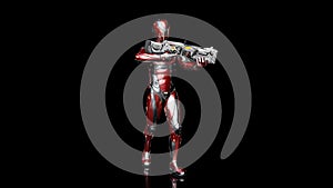 Futuristic android soldier in bulletproof armor, military cyborg armed with sci-fi rifle gun standing and shooting on black