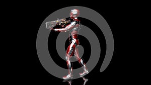 Futuristic android soldier in bulletproof armor, military cyborg armed with sci-fi rifle gun walking and shooting on black