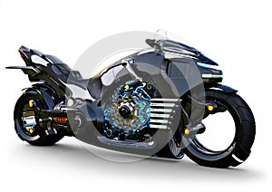 Futuristic angled light cycle. Motorcycle is on an isolated white background. photo