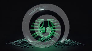 Futuristic animation with green human lungs on dark grunge background