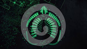 Futuristic animation with green human lungs on dark grunge background