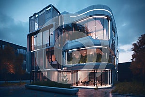 Futuristic apartment building with modern exterior at night with illumination. AI generated.