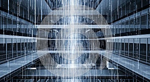 Digital Data Stream in Modern Architecture Futuristic Building with Binary Code