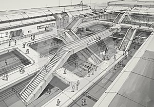 Futuristic architectural design of a transit hub with multiple levels and escalators. The