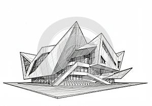 Futuristic architectural sketch of a building with sharp, angular forms and a dynamic