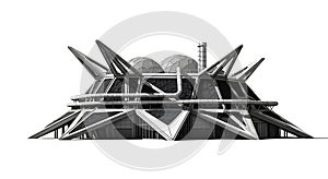 Futuristic architectural structure with a circular base, featuring sharp, angular