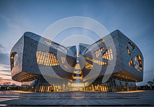 Futuristic architectural structure with a dynamic, geometric design