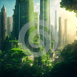 Futuristic architecture of city buildings with green plants trees on ecology.