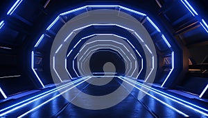 Futuristic architecture glows in blue, illuminating modern underground corridor generated by AI