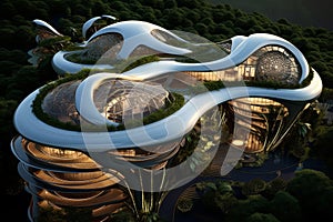 Futuristic architecture integrating sustainable materials