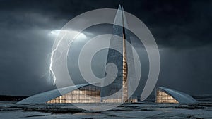 Futuristic Architecture with Lightning Storm