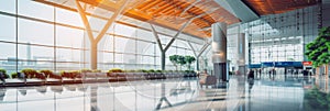 futuristic architecture in modern airport with view through very big windows to the gate.