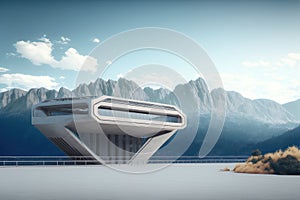 Futuristic architecture of modern hall entrance on mountain with empty corridor