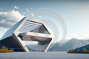 Futuristic architecture of modern hall entrance on mountain with empty corridor