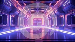 Futuristic architecture sci-fi hallway and corridor tunnel with neon lights background, 3d rendering