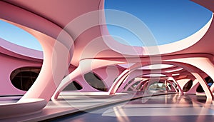 Futuristic architecture shapes modern transportation in a bright, empty underground generated by AI