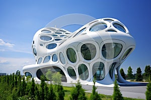 Futuristic architecture, sustainable building design, painted in white