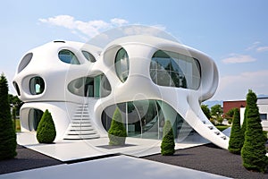 Futuristic architecture, sustainable building design, painted in white