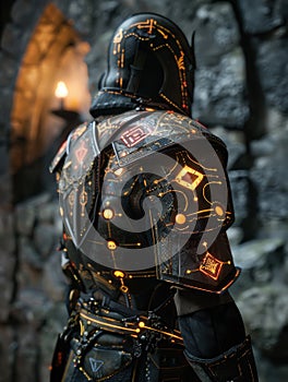 Futuristic armored warrior in dark sci-fi environment
