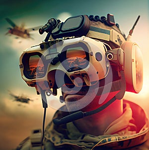 Futuristic army and soldier in glasses of virtual reality. Drone operator and future of the warfare concept made with