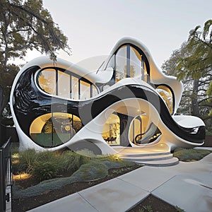 Futuristic Art Nouveau house, future building smart unreal, cityspace abstract technology modernism interior details