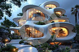 Futuristic Art Nouveau house, future building smart unreal, cityspace abstract technology modernism interior details