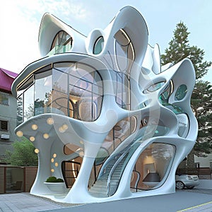 Futuristic Art Nouveau house, future building smart unreal, cityspace abstract technology modernism interior details