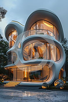 Futuristic Art Nouveau house, future building smart unreal, cityspace abstract technology modernism interior details