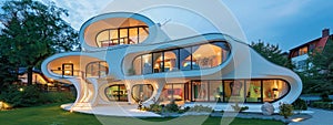 Futuristic Art Nouveau house, future building smart unreal, cityspace abstract technology modernism interior details photo