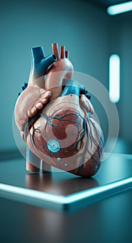 Futuristic artificial human heart with digital interface on medical table