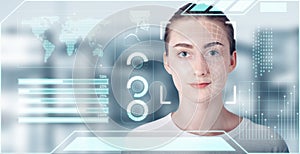 Futuristic Artificial Intelligence Biometric Facial Recognition, Personal AI Identify Face Scan With Smart Virtual Interface